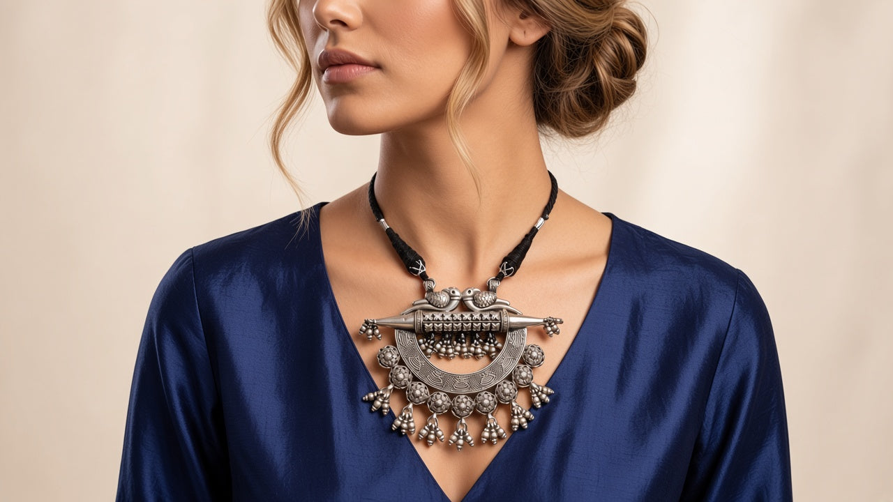 A woman wearing the sterling silver bird and crescent necklace